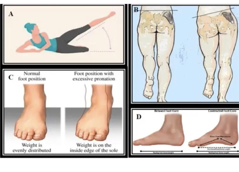 Slide 8 — abductor strengthening (A), pelvis level (B), foot position and foot-core drill (C, D)