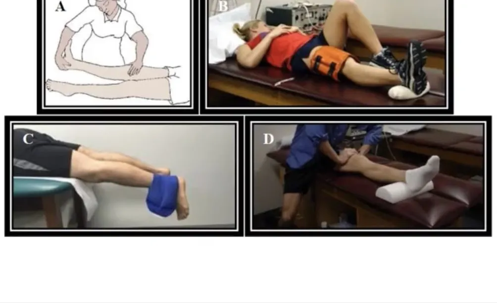 Slide 22 — manual stretch (A), tilt-table strapping (B), sandbag (C), passive ROM (D)