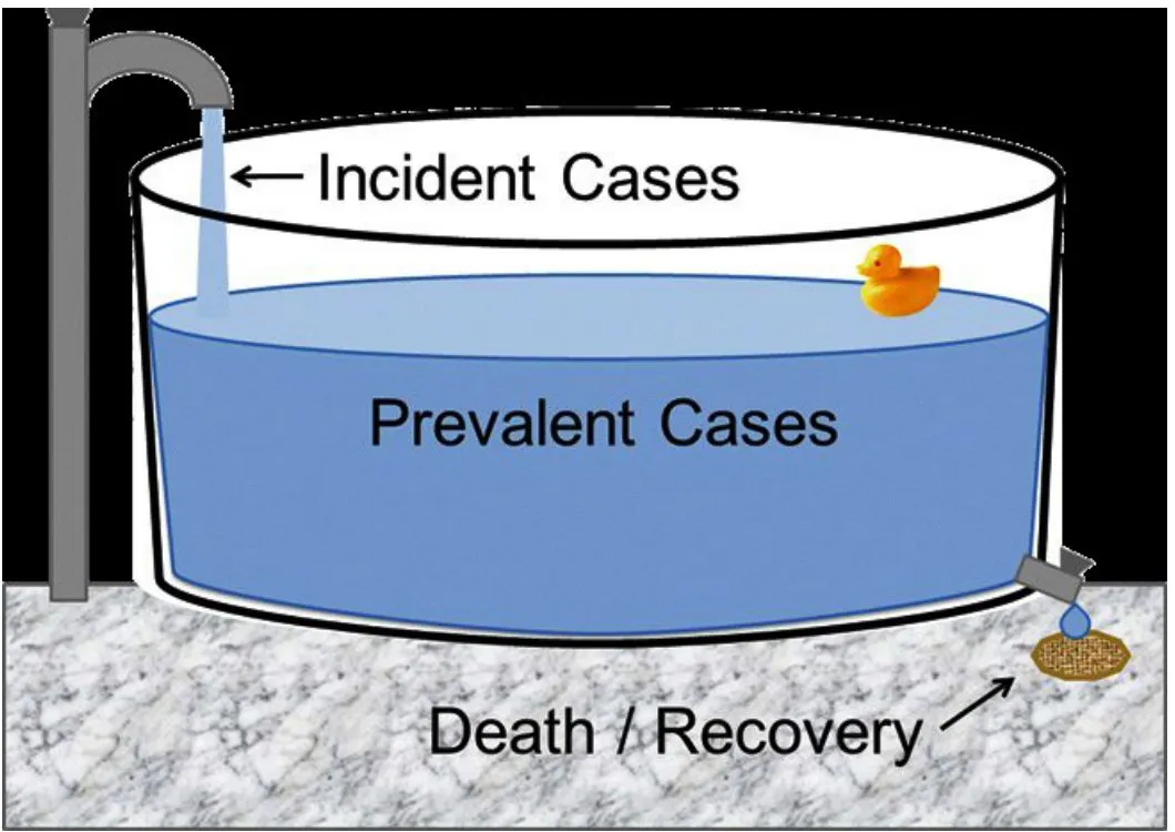 Slide 5 — incident cases, prevalent cases and death/recovery (tub analogy)