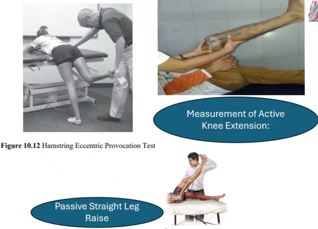 Slide 25 — hamstring eccentric provocation test, measurement of active knee extension, passive straight leg raise