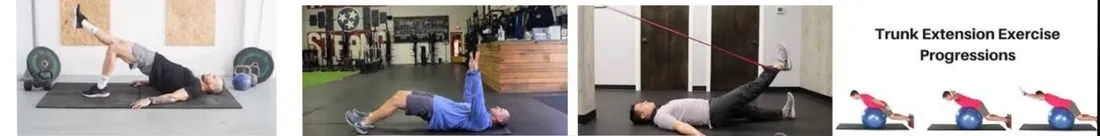 Slide 29 — single-leg bridge, long-lever bridge, straight-leg pull-down, trunk extension progressions