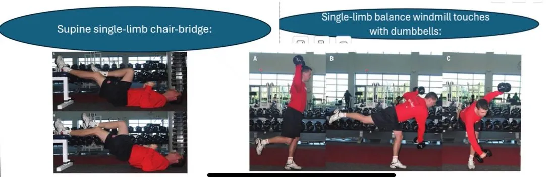 Slide 37 — supine single-limb chair-bridge and single-limb balance windmill touches with dumbbells