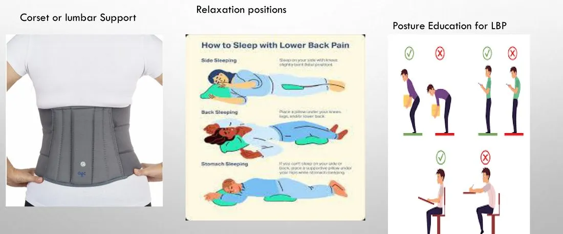 Slide 52 — lumbar support, relaxation positions, posture education